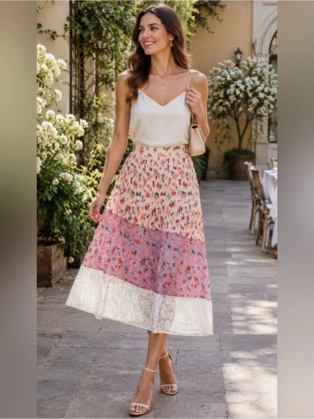Anthropologie LAIA Pleated Floral Midi Skirt Lace Lined Boho Cottagecore $150 M